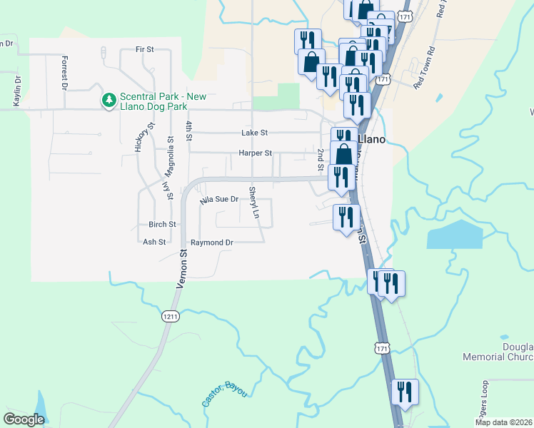 map of restaurants, bars, coffee shops, grocery stores, and more near 100 Sheryl Lane in New Llano