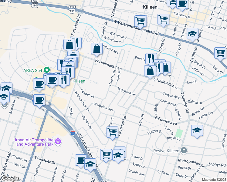 map of restaurants, bars, coffee shops, grocery stores, and more near 408 West Bryce Avenue in Killeen