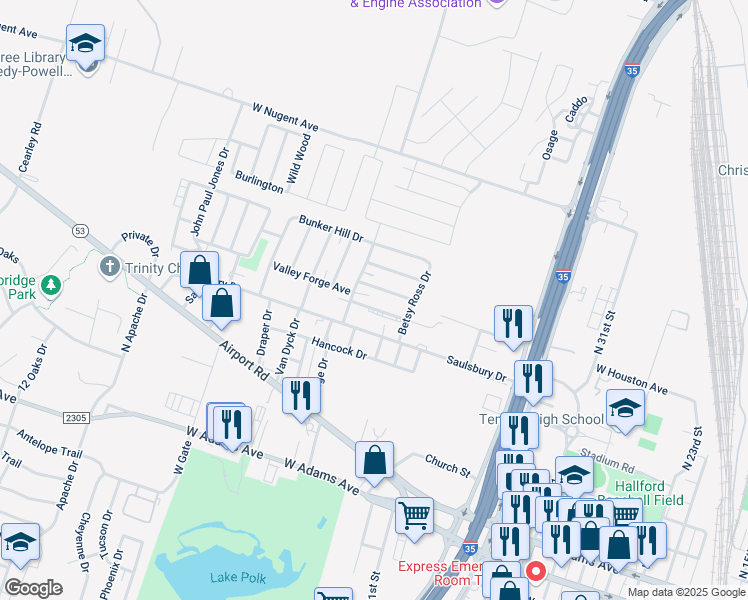map of restaurants, bars, coffee shops, grocery stores, and more near 2402 Patrick Henry Street in Temple
