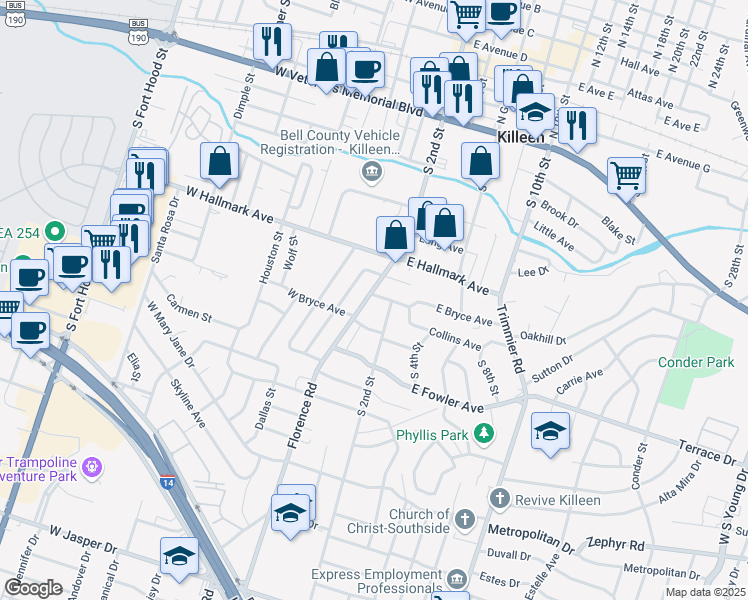 map of restaurants, bars, coffee shops, grocery stores, and more near 109 West Bryce Avenue in Killeen