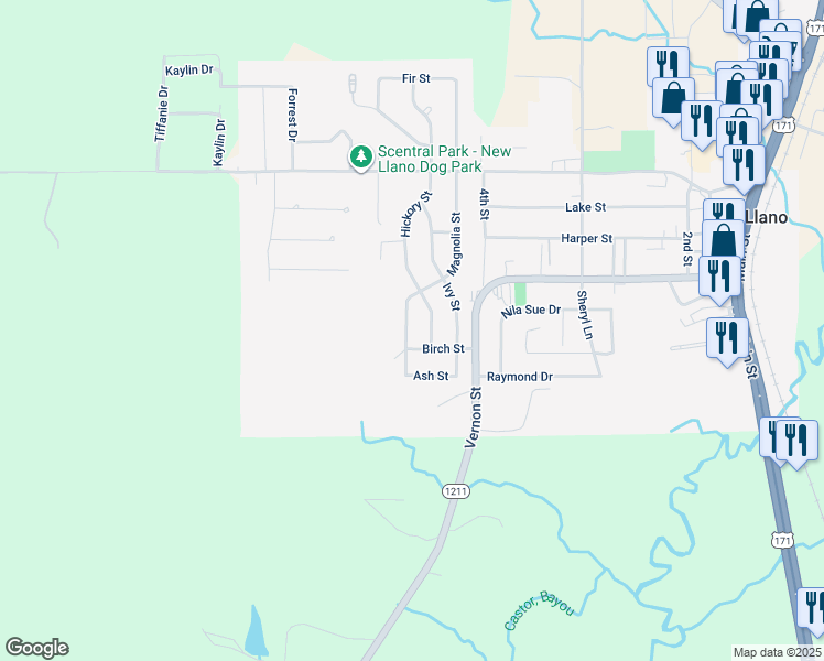 map of restaurants, bars, coffee shops, grocery stores, and more near 204 Magnolia Street in New Llano