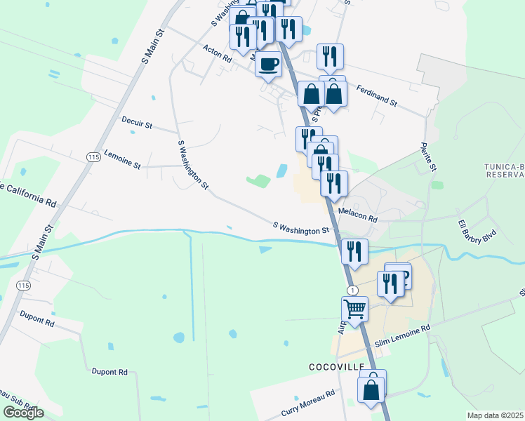 map of restaurants, bars, coffee shops, grocery stores, and more near 1306 South Washington Street in Marksville