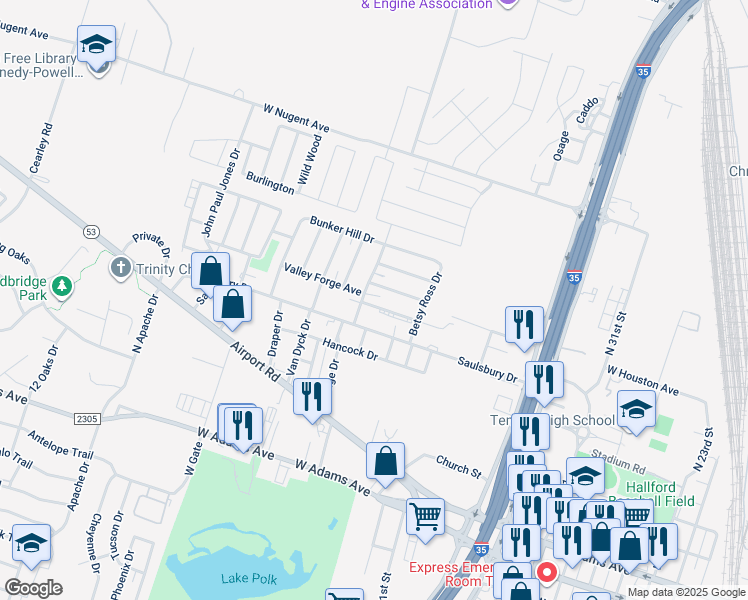 map of restaurants, bars, coffee shops, grocery stores, and more near 2418 Valley Forge Avenue in Temple