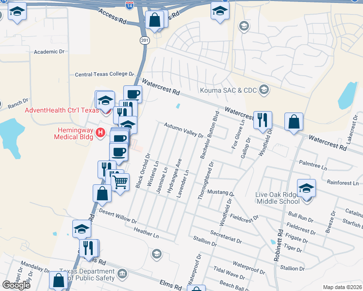 map of restaurants, bars, coffee shops, grocery stores, and more near 2411 Hydrangea Avenue in Killeen