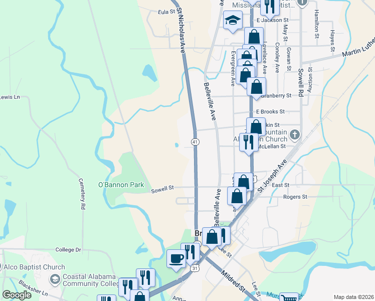 map of restaurants, bars, coffee shops, grocery stores, and more near 400-408 Portwood Ln in Brewton
