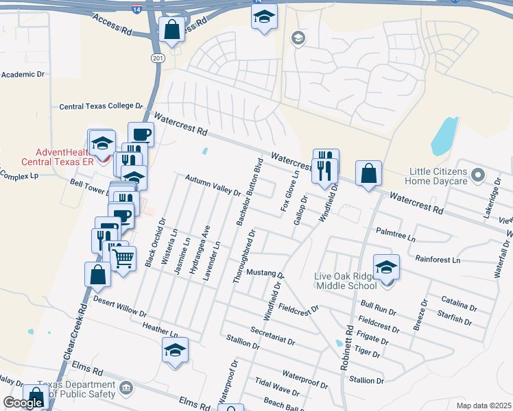 map of restaurants, bars, coffee shops, grocery stores, and more near 4705 Passion Flower Loop in Killeen
