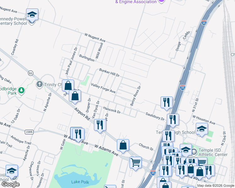 map of restaurants, bars, coffee shops, grocery stores, and more near 2422 Valley Forge Avenue in Temple