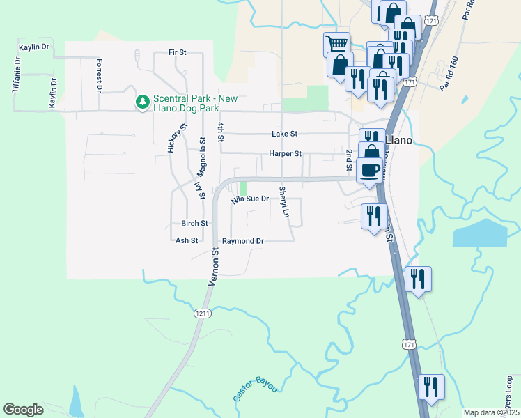 map of restaurants, bars, coffee shops, grocery stores, and more near 102 Reasha Lane in New Llano
