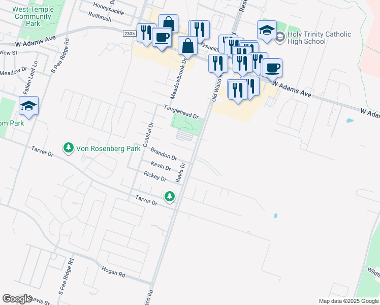 map of restaurants, bars, coffee shops, grocery stores, and more near 7003 Cameron Park Road in Temple