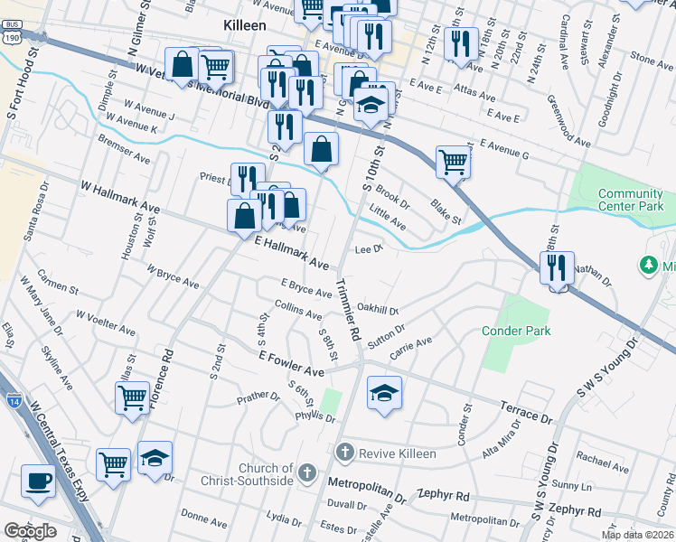 map of restaurants, bars, coffee shops, grocery stores, and more near 702 Trimmier Road in Killeen