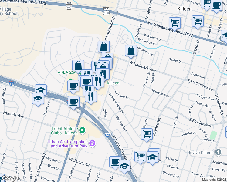 map of restaurants, bars, coffee shops, grocery stores, and more near 805 Carmen Street in Killeen