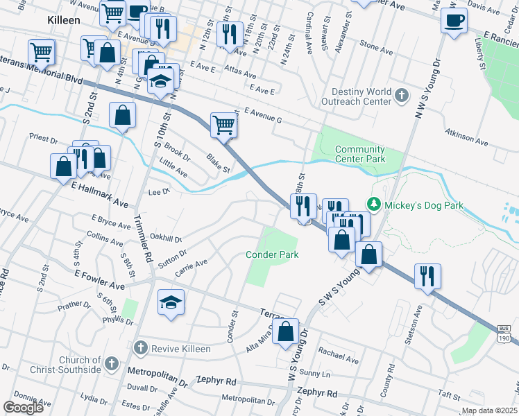 map of restaurants, bars, coffee shops, grocery stores, and more near 1400 East Veterans Memorial Boulevard in Killeen
