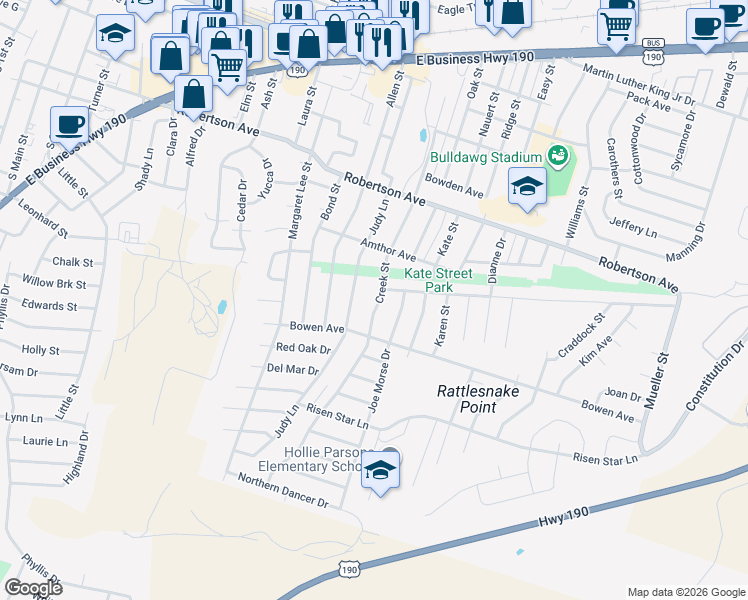 map of restaurants, bars, coffee shops, grocery stores, and more near 704 Creek Street in Copperas Cove