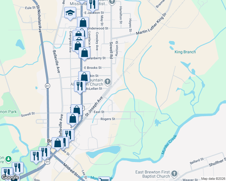 map of restaurants, bars, coffee shops, grocery stores, and more near 634-708 St Joseph St in Brewton