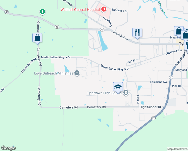 map of restaurants, bars, coffee shops, grocery stores, and more near 28-38 Queens Court in Tylertown