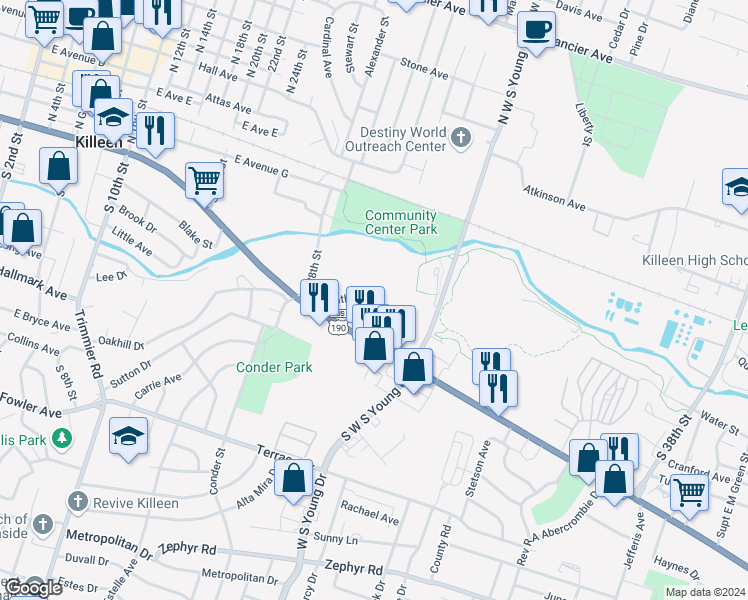 map of restaurants, bars, coffee shops, grocery stores, and more near 1809 Nathan Drive in Killeen