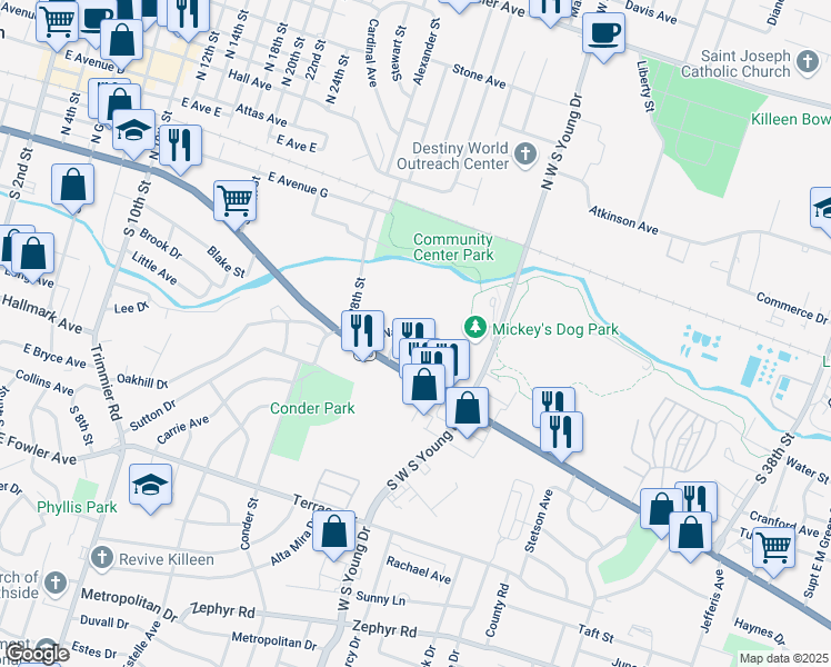 map of restaurants, bars, coffee shops, grocery stores, and more near 1809 Nathan Drive in Killeen