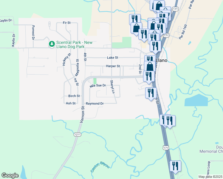 map of restaurants, bars, coffee shops, grocery stores, and more near 100 Sheryl Lane in New Llano