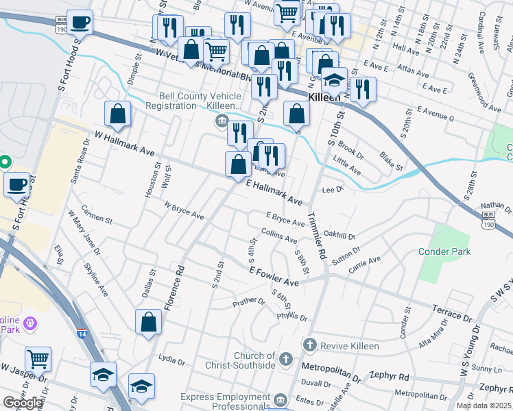 map of restaurants, bars, coffee shops, grocery stores, and more near 201 East Bryce Avenue in Killeen