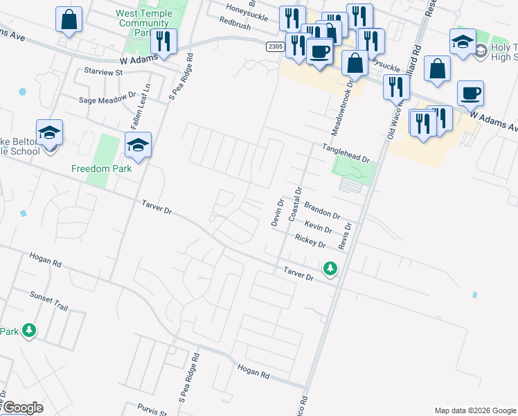 map of restaurants, bars, coffee shops, grocery stores, and more near 8109 Iron Gate Drive in Temple