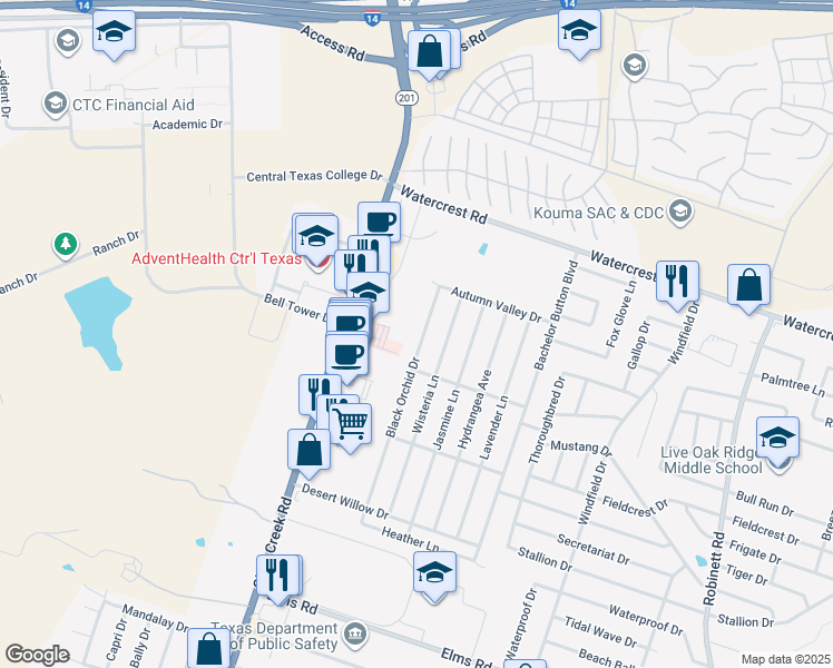 map of restaurants, bars, coffee shops, grocery stores, and more near 2502 Black Orchid Drive in Killeen