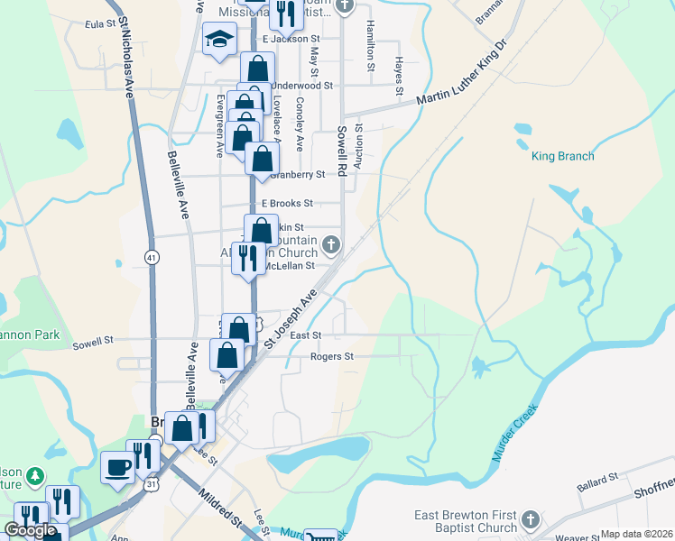 map of restaurants, bars, coffee shops, grocery stores, and more near 634 Saint Joseph Street in Brewton