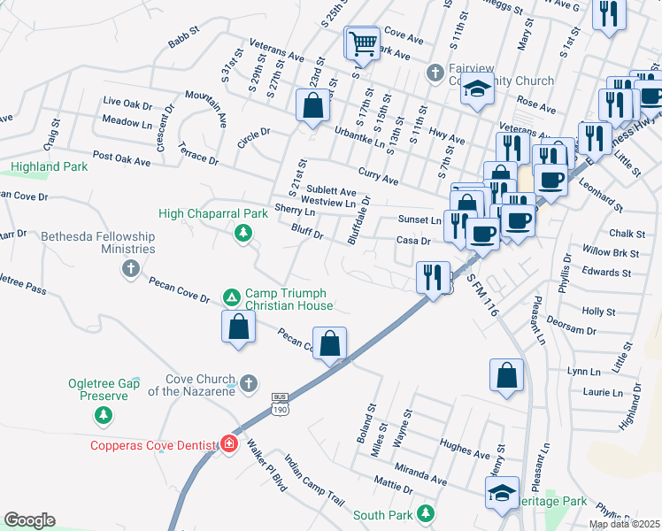 map of restaurants, bars, coffee shops, grocery stores, and more near 1507 Cross Street in Copperas Cove