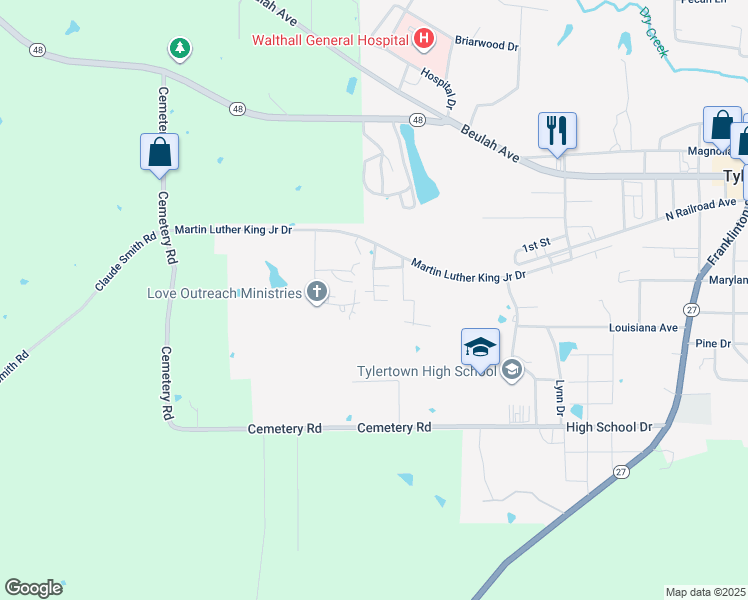 map of restaurants, bars, coffee shops, grocery stores, and more near 28 Queens Court in Tylertown