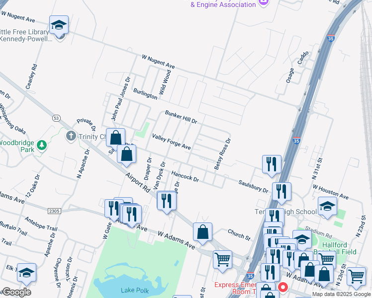 map of restaurants, bars, coffee shops, grocery stores, and more near 802 Yorktown Drive in Temple