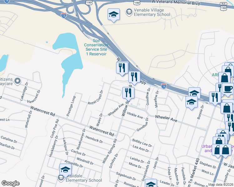 map of restaurants, bars, coffee shops, grocery stores, and more near 2238 Hilltop Loop in Killeen