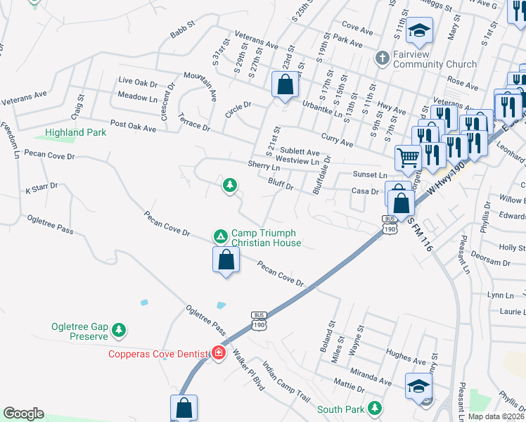 map of restaurants, bars, coffee shops, grocery stores, and more near 1506 Hillside Street in Copperas Cove