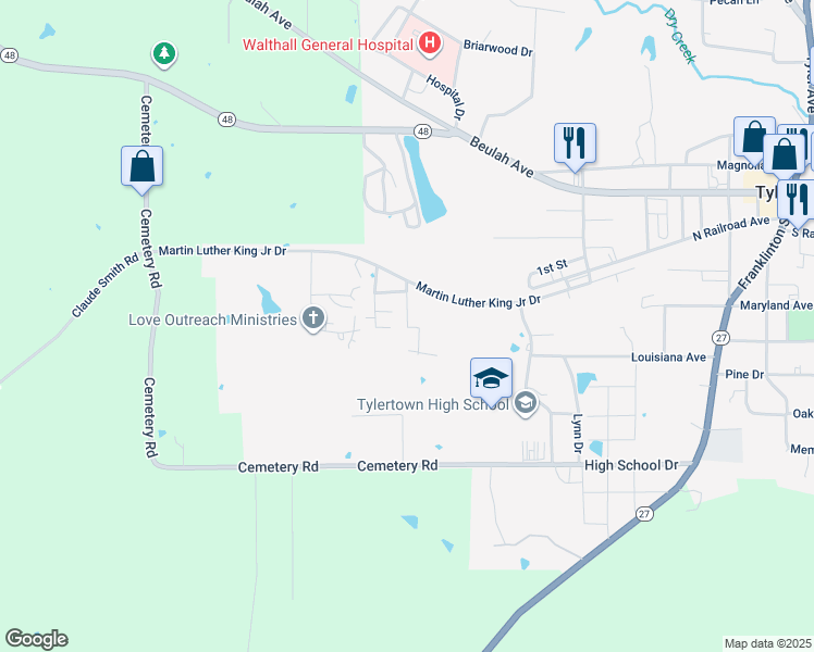 map of restaurants, bars, coffee shops, grocery stores, and more near 28-38 Queens Court in Tylertown