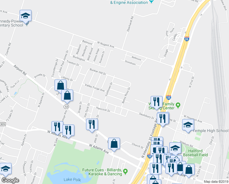 map of restaurants, bars, coffee shops, grocery stores, and more near 2402 Patrick Henry Street in Temple