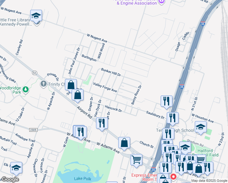 map of restaurants, bars, coffee shops, grocery stores, and more near 802 Yorktown Drive in Temple