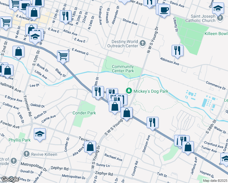 map of restaurants, bars, coffee shops, grocery stores, and more near 1809 Nathan Drive in Killeen