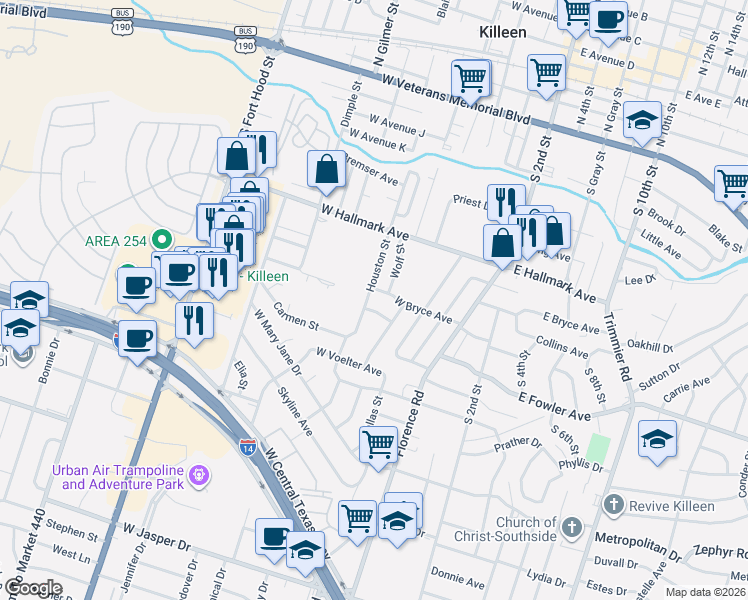 map of restaurants, bars, coffee shops, grocery stores, and more near 408 West Bryce Avenue in Killeen