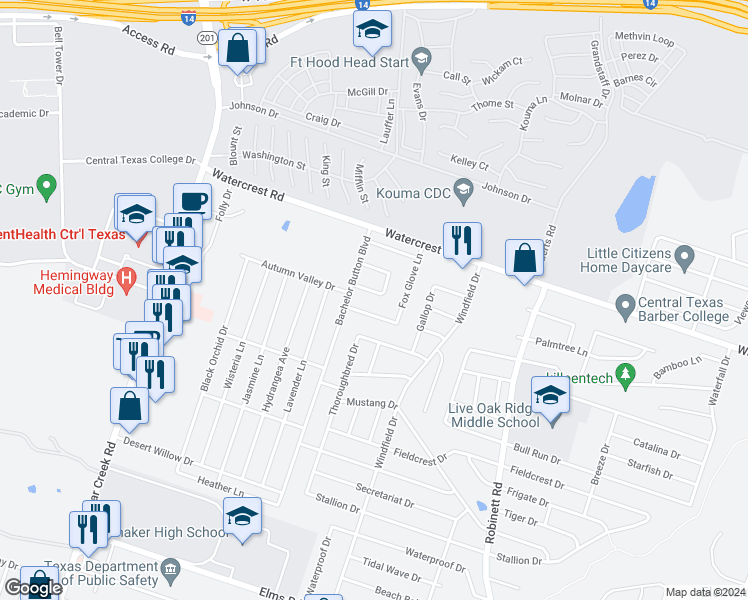 map of restaurants, bars, coffee shops, grocery stores, and more near 4701 Passion Flower Loop in Killeen