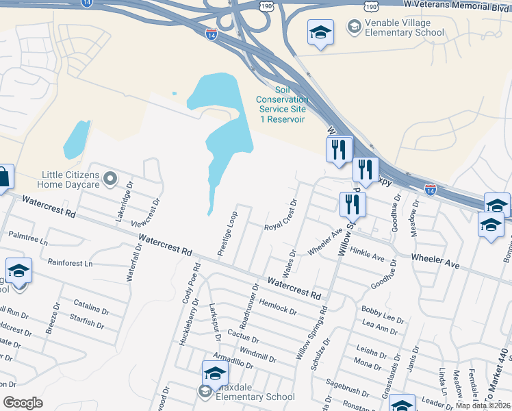 map of restaurants, bars, coffee shops, grocery stores, and more near 1709 Prestige Loop in Killeen