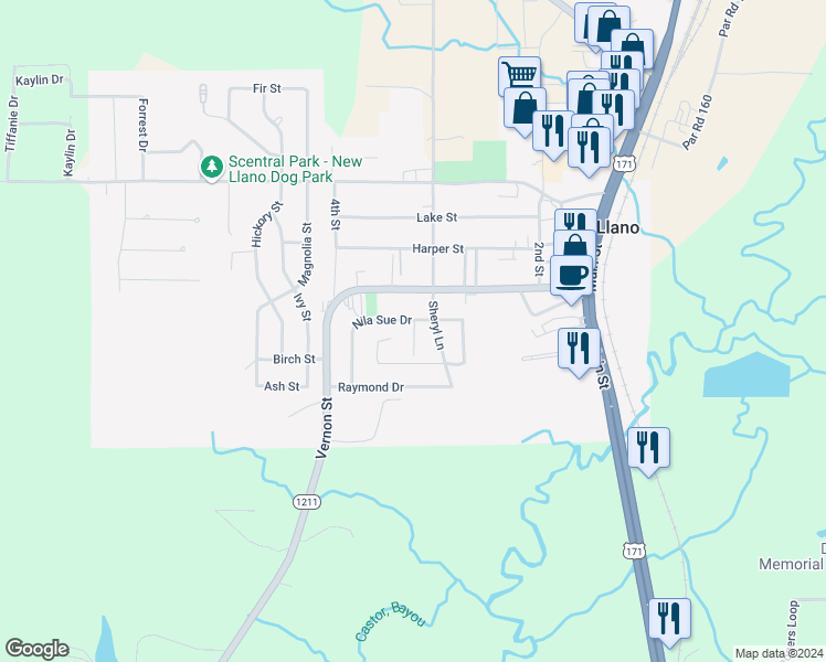 map of restaurants, bars, coffee shops, grocery stores, and more near 102 Reasha Lane in New Llano