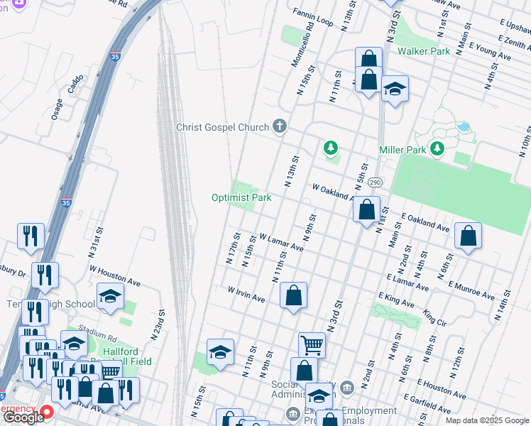 map of restaurants, bars, coffee shops, grocery stores, and more near 1301 North 15th Street in Temple