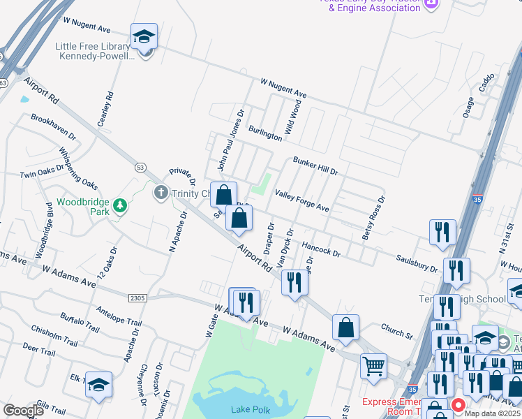 map of restaurants, bars, coffee shops, grocery stores, and more near 2904 Saulsbury Drive in Temple