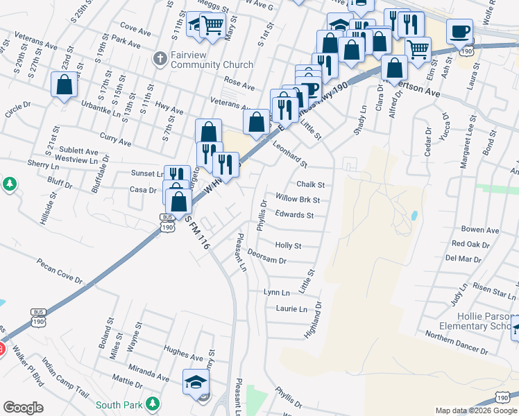 map of restaurants, bars, coffee shops, grocery stores, and more near 1302 Phyllis Drive in Copperas Cove