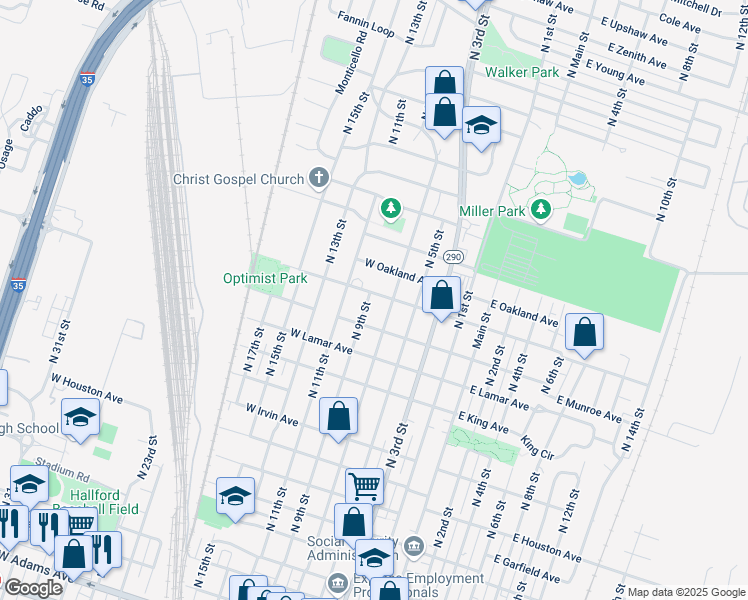 map of restaurants, bars, coffee shops, grocery stores, and more near 1317 North 9th Street in Temple
