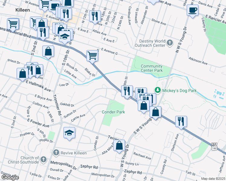 map of restaurants, bars, coffee shops, grocery stores, and more near 1400 East Veterans Memorial Boulevard in Killeen
