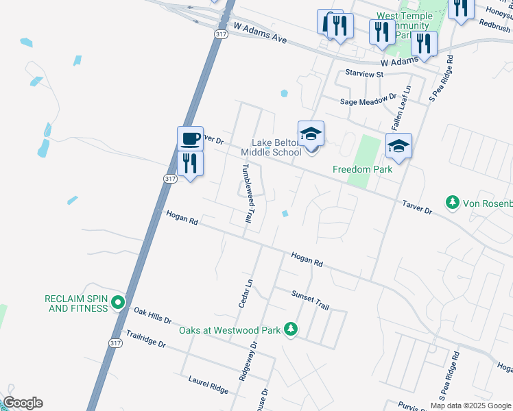map of restaurants, bars, coffee shops, grocery stores, and more near 1127 Tumbleweed Trail in Temple