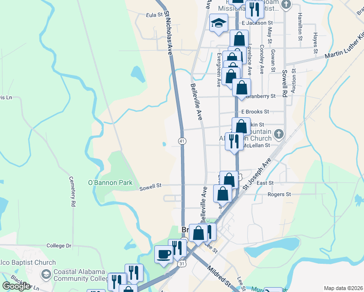 map of restaurants, bars, coffee shops, grocery stores, and more near 400 Portwood Lane in Brewton