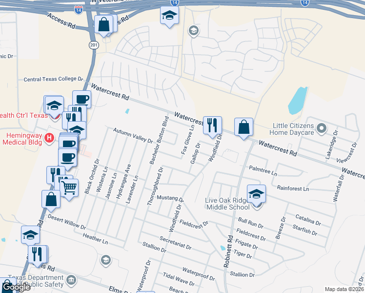 map of restaurants, bars, coffee shops, grocery stores, and more near 3704 Fox Glove Lane in Killeen