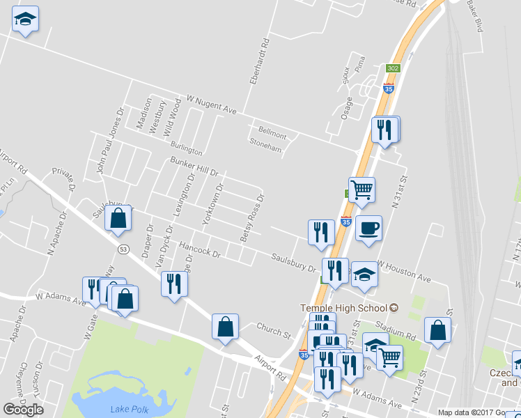 map of restaurants, bars, coffee shops, grocery stores, and more near 821 Betsy Ross Drive in Temple