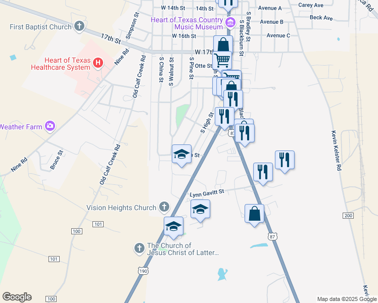 map of restaurants, bars, coffee shops, grocery stores, and more near 2112 South High Street in Brady