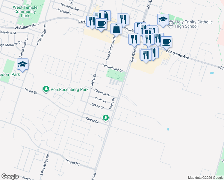 map of restaurants, bars, coffee shops, grocery stores, and more near 7021 Cameron Park Road in Temple